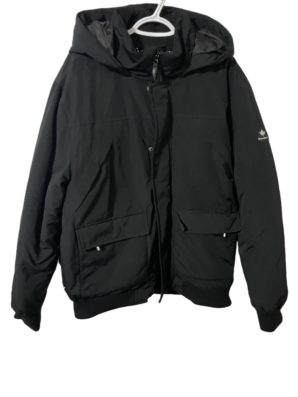 Canadiana Black Hooded Down Filled Puffer Bomber Jacket Size Large